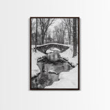 Stone Bridge, Winter Stream, Historic Pathway, Framed Canvas Print, Snowy Landscape Art, Traditional Living Room Wall Decor