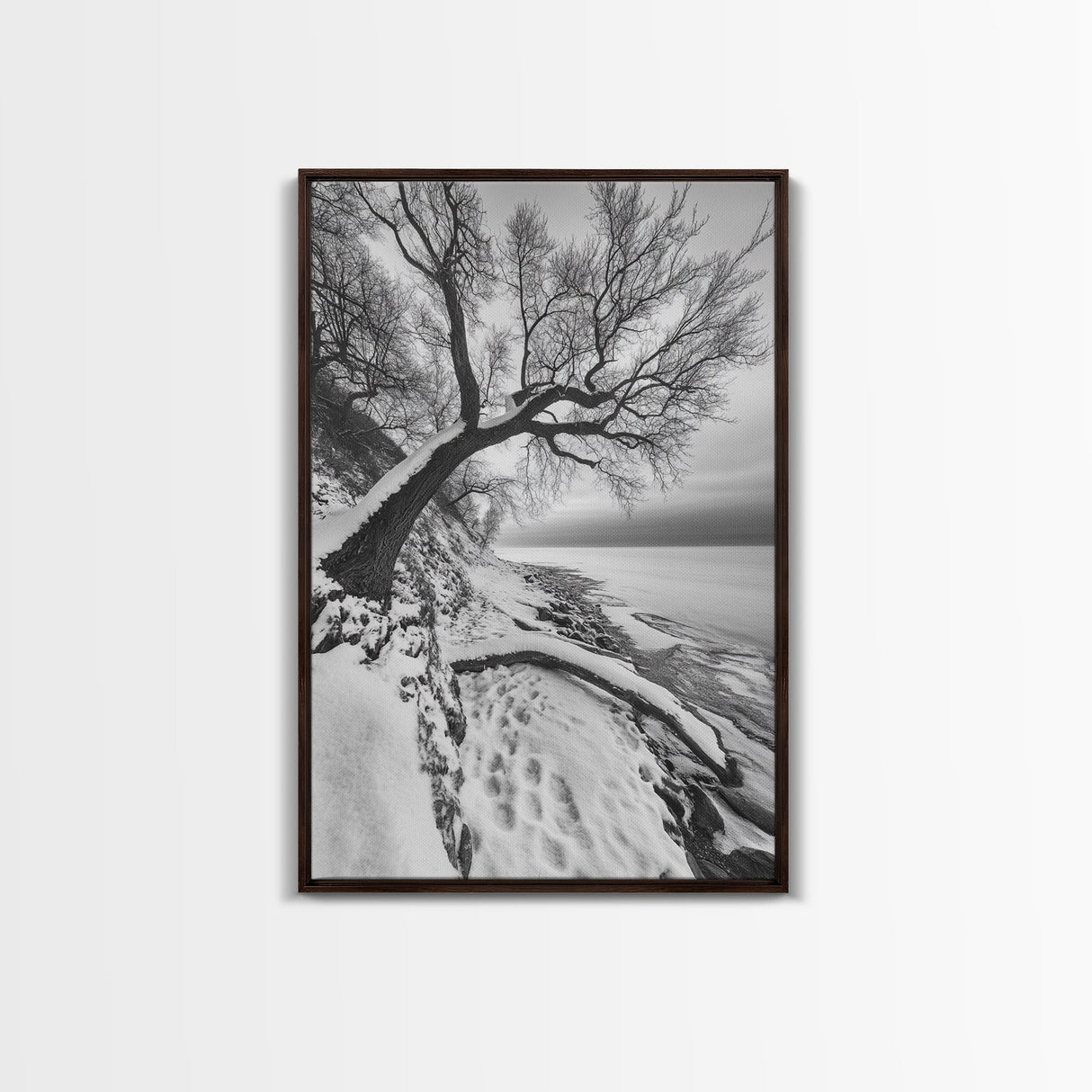 Coastal Snow, Barren Tree, Frozen Shoreline, Canvas Print, Serene Winter Decor, Entryway or Hallway Minimalist Wall Art