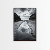 Ocean Reflection, Seaside Path, Moody Coastline, Canvas Print, Black and White Nature Photography, Modern Living Room Wall Art