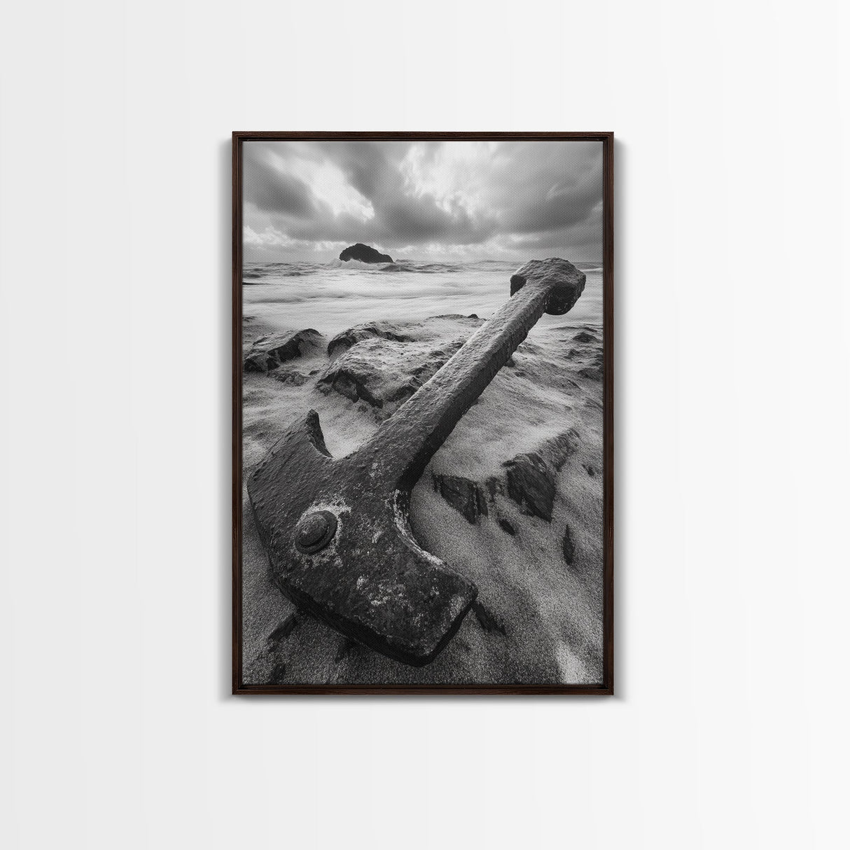 Ocean anchor scene, nautical coastal vibes, shipwreck inspiration, stormy sky, Framed Canvas Print, entryway art, maritime wall decor