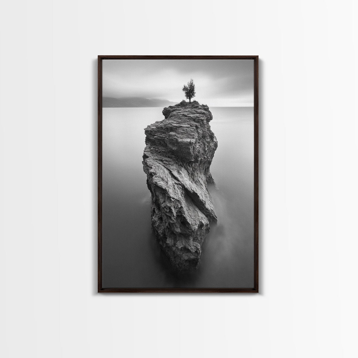 Solitary Cliff Tree, Calm Waters, Moody Horizon, Framed Canvas Print, Minimalist Nature Wall Art, Office Wall Decor, Zen Art