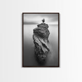 Solitary Cliff Tree, Calm Waters, Moody Horizon, Framed Canvas Print, Minimalist Nature Wall Art, Office Wall Decor, Zen Art