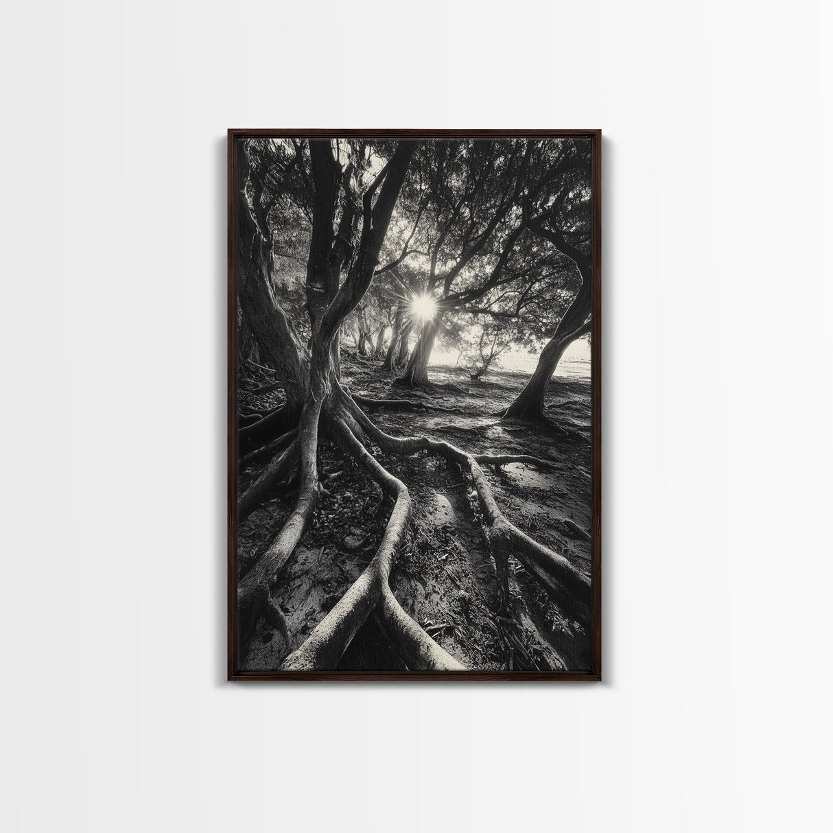 Sunlit Forest Roots, Tree Shadows, Golden Light, Framed Canvas Print, Boho Nature Wall Art, Bedroom Wall Decor, Earthy Tones