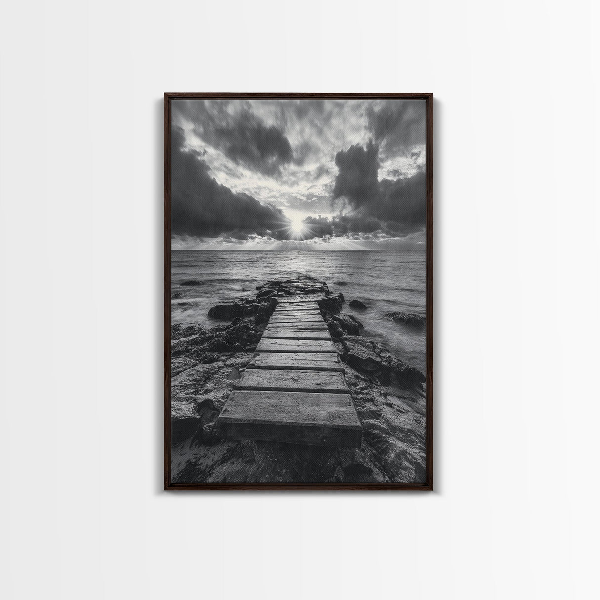 Ocean Pier Sunset, Dramatic Clouds, Seascape Pathway, Canvas Print, Coastal Living Room Art, Tranquil Decor, Minimalist Style