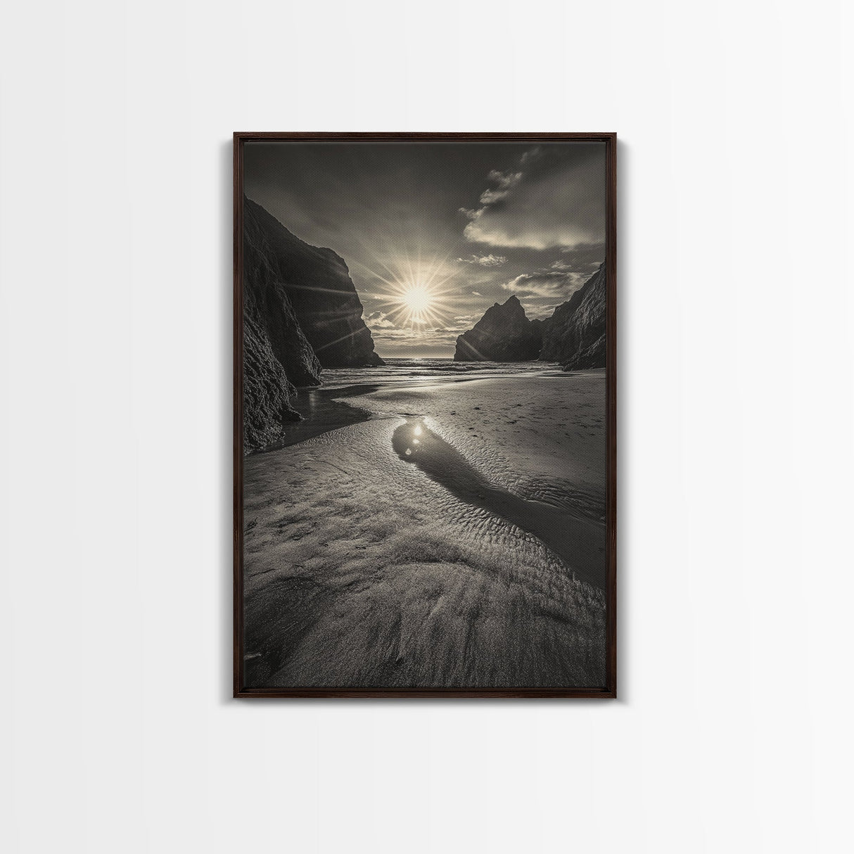 Secluded Beach, Sunset Glow, Reflected Light, Framed Canvas Print, Tranquil Ocean Wall Art, Modern Bedroom Decor, Zen Vibes