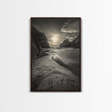 Secluded Beach, Sunset Glow, Reflected Light, Framed Canvas Print, Tranquil Ocean Wall Art, Modern Bedroom Decor, Zen Vibes
