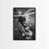 Rugged Sea Cliffs, Sunset Horizon, Serene Waters, Framed Canvas Print, Modern Nature Wall Art, Office Decor, Coastal Aesthetic