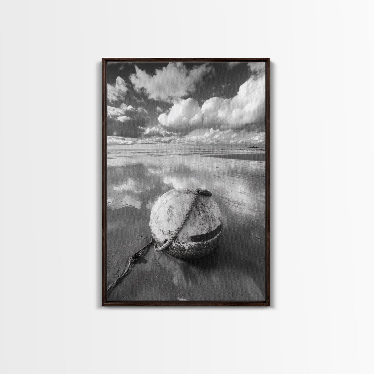 Washed buoy shore, coastal solitude, beach reflections, nautical simplicity, Framed Canvas Print, guest room art, seaside rustic wall decor