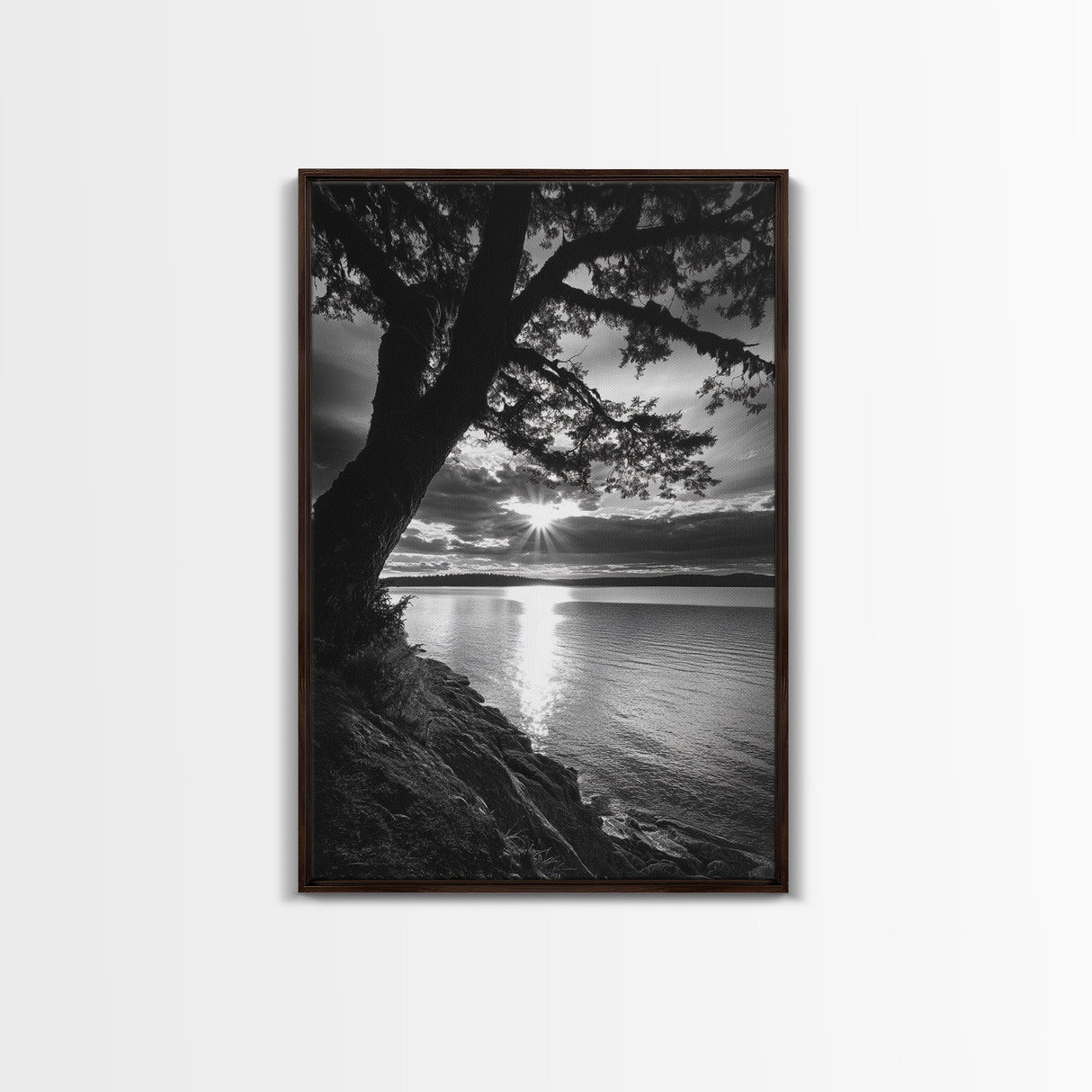 Tranquil Lake Sunset, Tree Silhouette, Calm Waters, Canvas Print, Nature Inspired Wall Art, Relaxing Bedroom Decor, Minimalist Zen