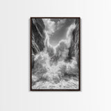 Ocean Splash, Cliff Waves, Nature Power, Dramatic Seascape, Framed Canvas Print, Living Room Statement, Black and White Wall Art