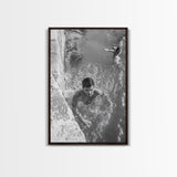 Swimmers, Summer Water, Beach Moment, Candid Photography, Framed Canvas Print, Bathroom Wall Art, Youthful Energetic Decor