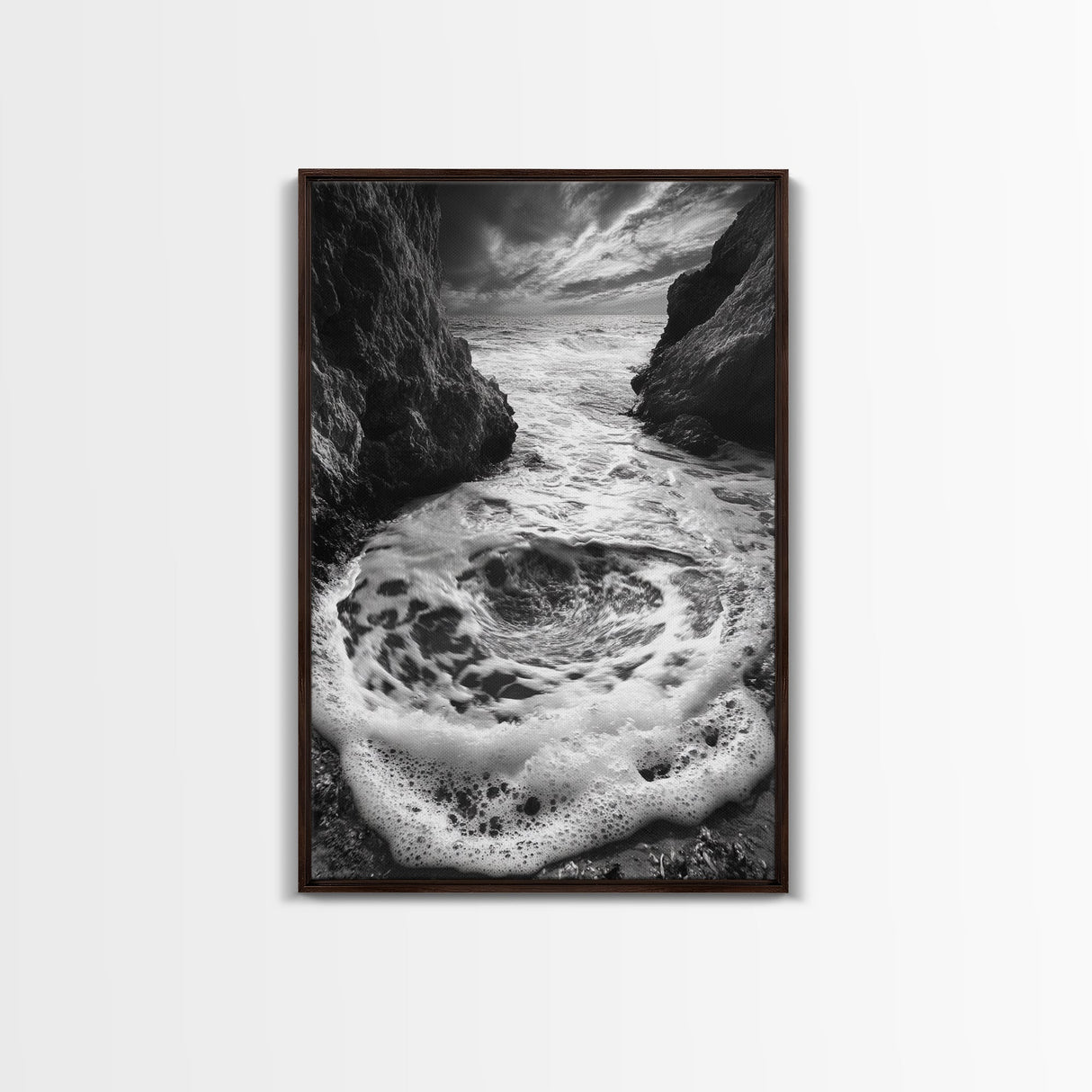 Sea Whirlpool, Dramatic Ocean, Coastal Rocks, Nature Motion, Framed Canvas Print, Bathroom Art, Modern Seaside Wall Decor