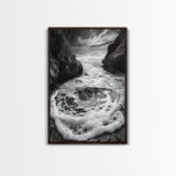 Sea Whirlpool, Dramatic Ocean, Coastal Rocks, Nature Motion, Framed Canvas Print, Bathroom Art, Modern Seaside Wall Decor