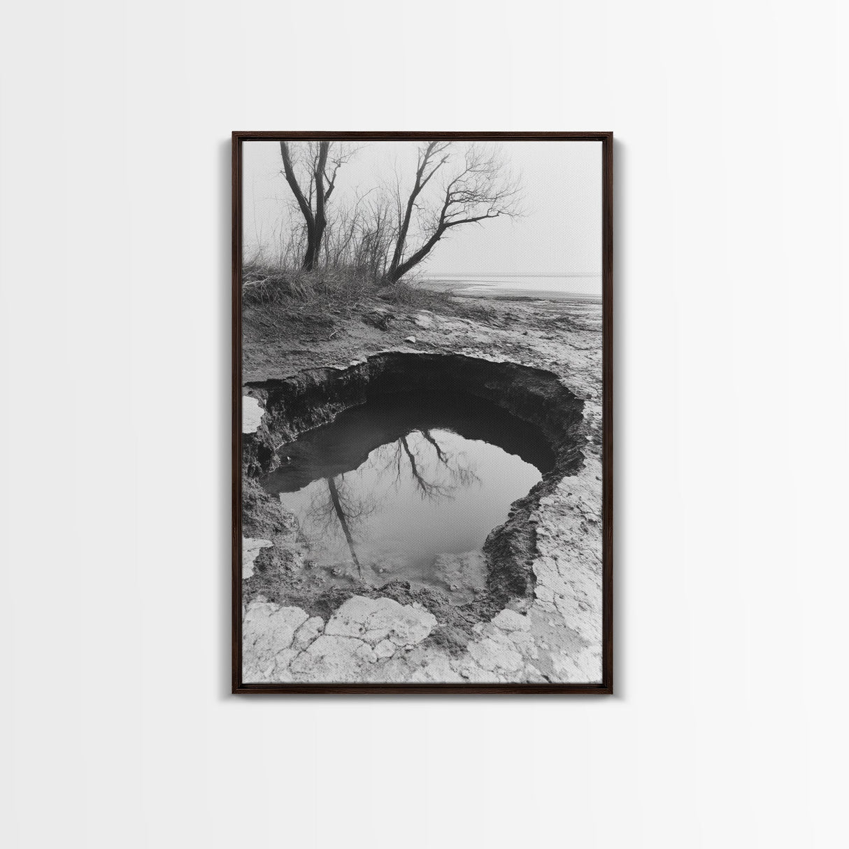 Reflected Trees Pool, Black White Nature, Moody Autumn Wall Art, Rustic Minimalist Style, Framed Canvas Print, Entryway Home Decor