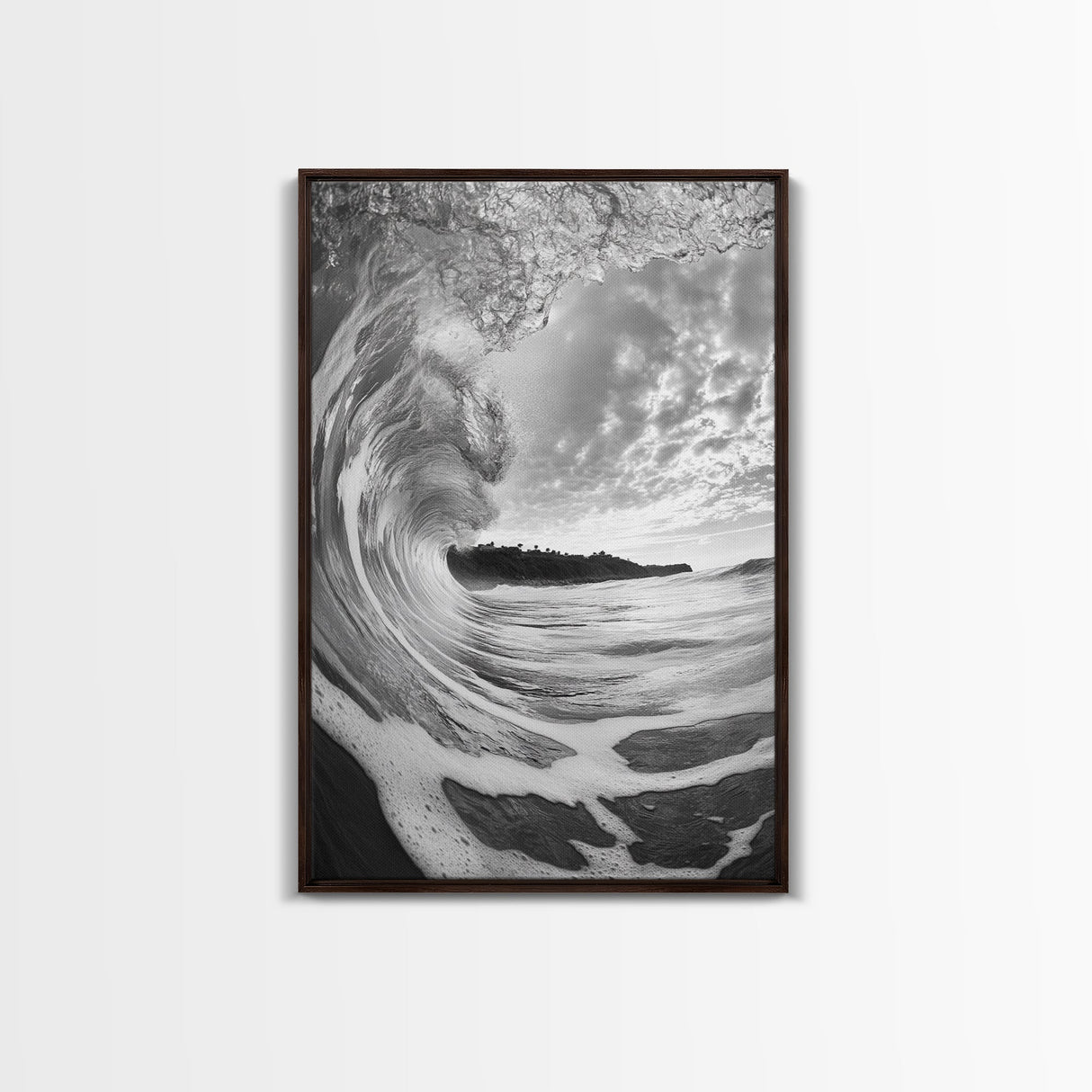 Ocean Wave Tunnel, Surfer's Eye View, Coastal Landscape, Bathroom Wall Art, Adventure Vibes, Framed Canvas Print, Black White Photography