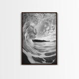 Ocean Wave Tunnel, Surfer's Eye View, Coastal Landscape, Bathroom Wall Art, Adventure Vibes, Framed Canvas Print, Black White Photography