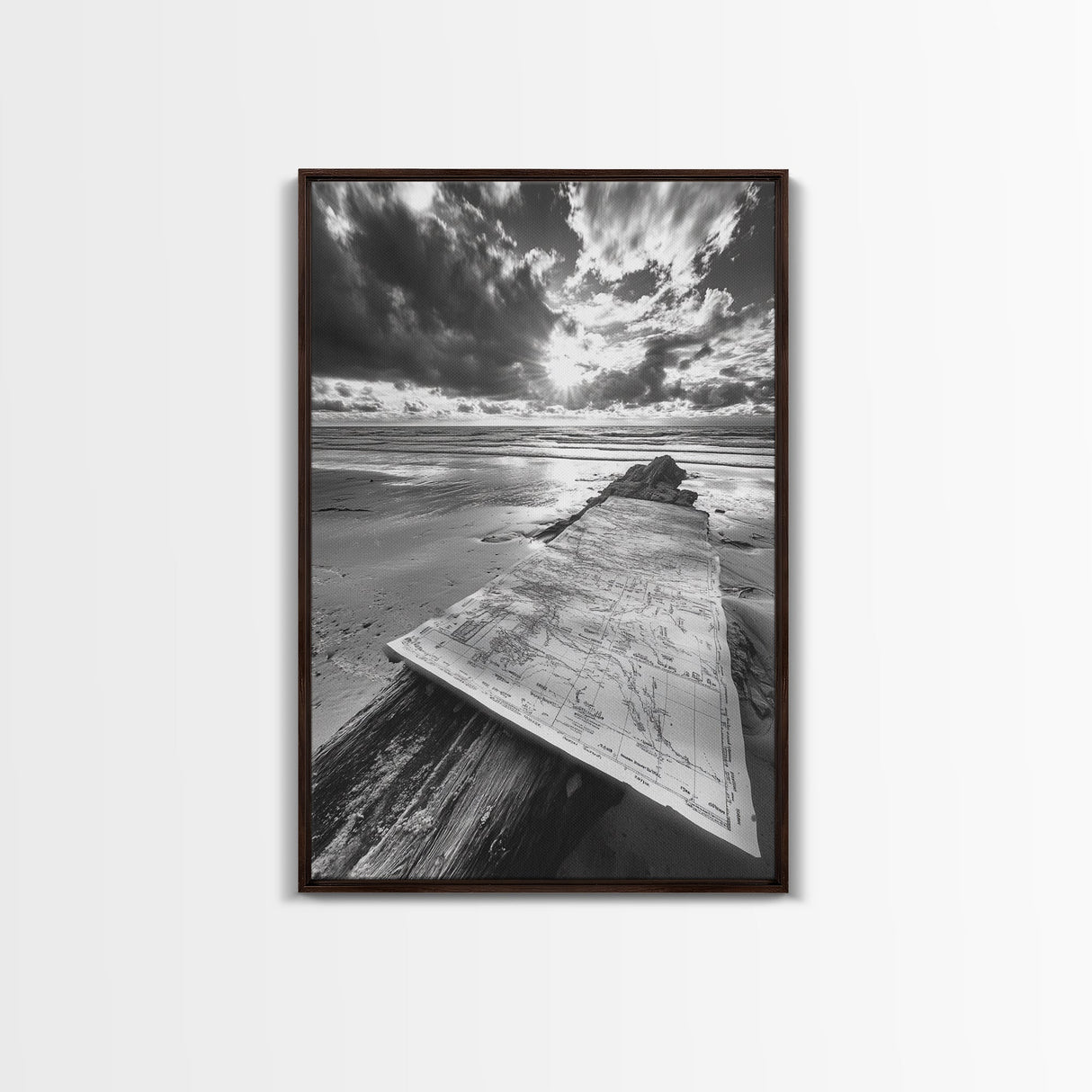 Map On Beach, Travel Adventure Art, Wanderlust Decor, Coastal Office Style, Framed Canvas Print, Explorer Aesthetic, Black White Scene