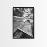 Map On Beach, Travel Adventure Art, Wanderlust Decor, Coastal Office Style, Framed Canvas Print, Explorer Aesthetic, Black White Scene