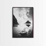 Remote beach reflection, lone hiker wanderlust, coastal rockscape, black white dreamscape, Framed Canvas Print, living room moody decor