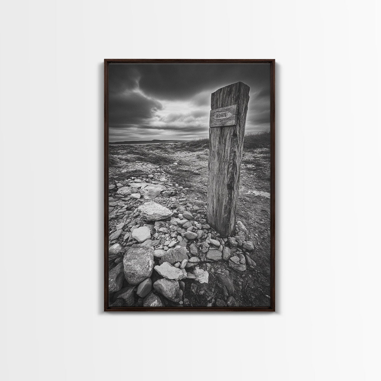 Weathered Exit, Symbolic Marker, Coastal Path, Canvas Print, Rustic Wall Art, Moody Landscape Decor, Entryway Statement Piece