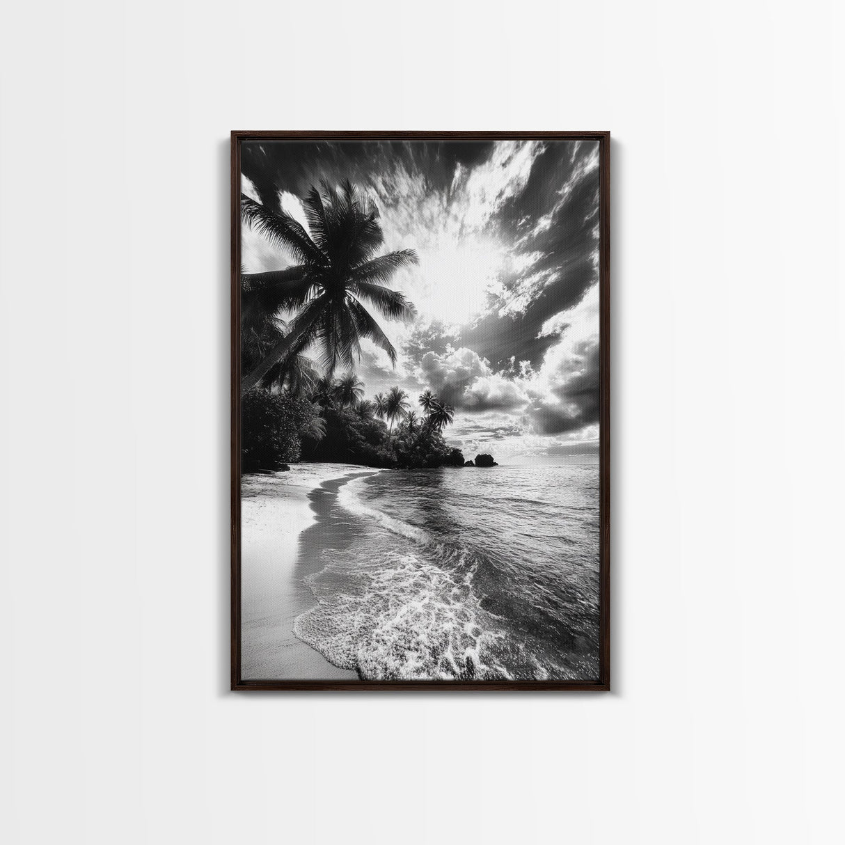 Tropical Sunset Beach, Palms and Waves, Cloudy Skies, Island Vibes, Framed Canvas Print, Coastal Wall Art, Beach House Decor