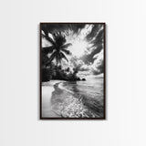 Tropical Sunset Beach, Palms and Waves, Cloudy Skies, Island Vibes, Framed Canvas Print, Coastal Wall Art, Beach House Decor