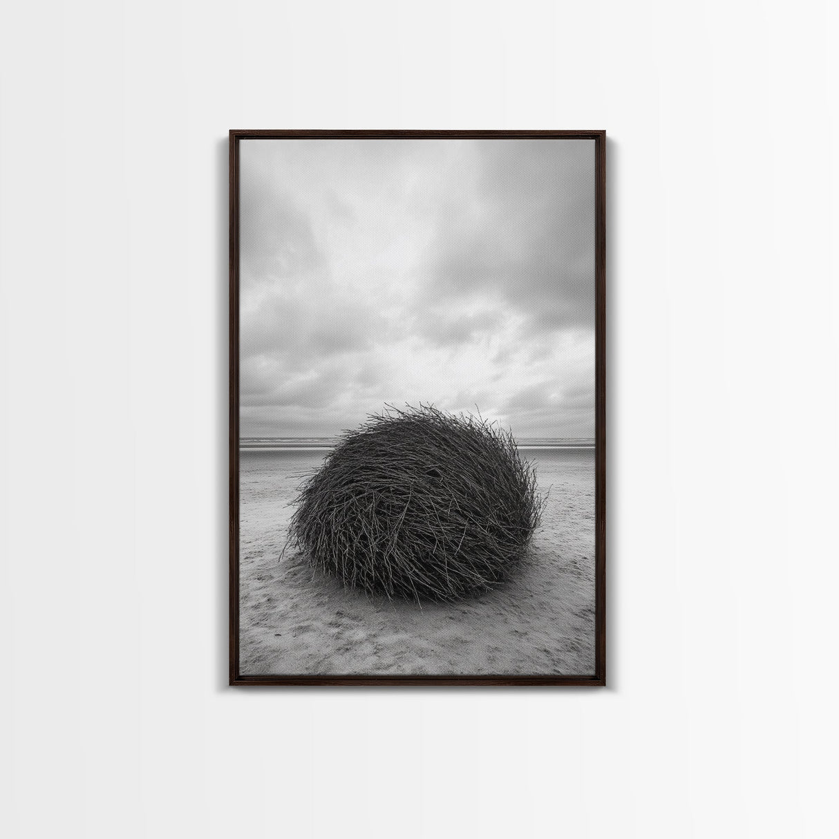 Windswept Beach Nest, Natural Sculpture, Driftwood Ball, Solitude Scene, Canvas Print, Minimalist Wall Art, Neutral Bedroom Decor