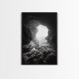Sea Cave Entrance, Ocean Grotto, Light Escape, Rocky Tide, Canvas Print, Bathroom Wall Art, Black and White Seascape Photo