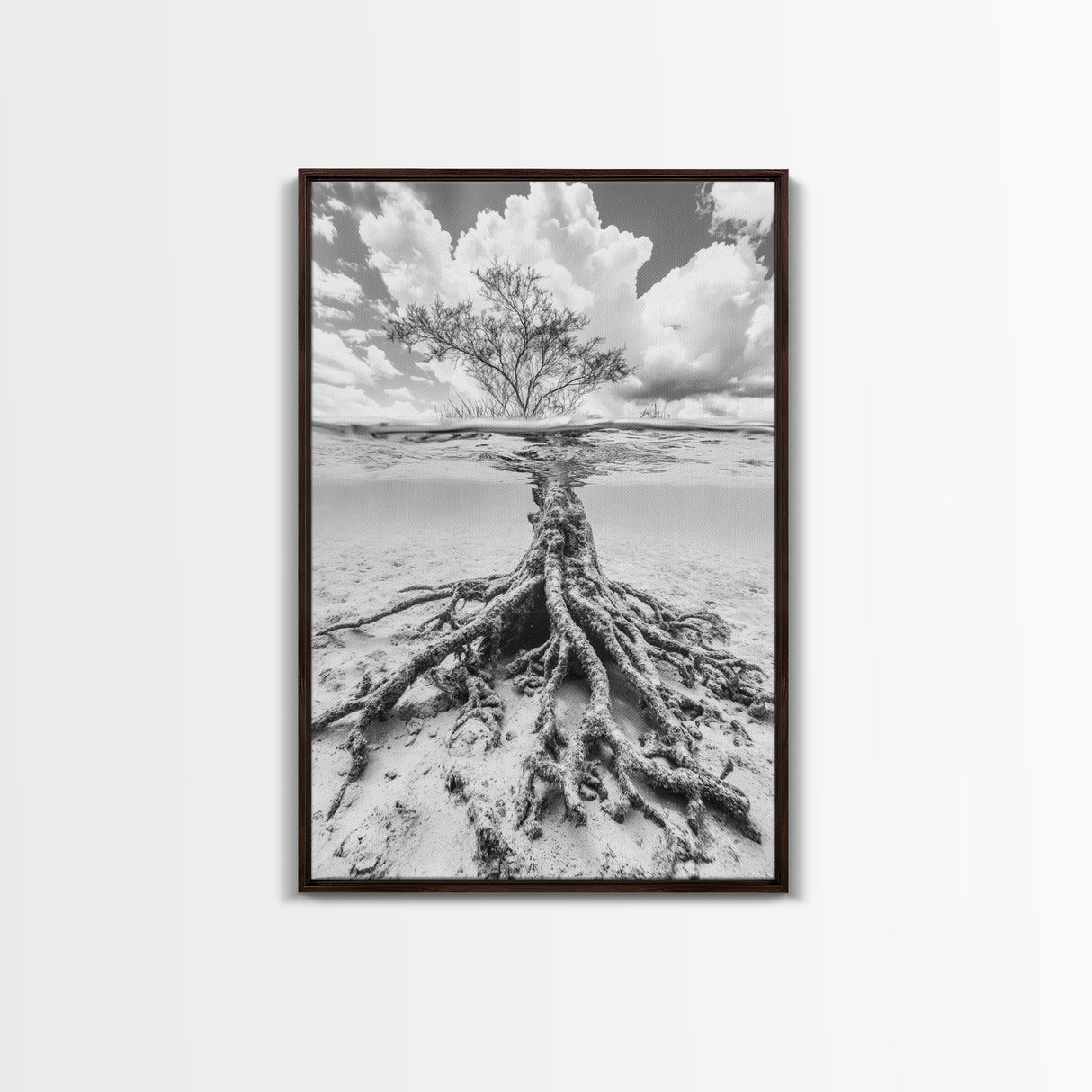 Half Underwater Tree, Split View Nature, Aquatic Roots, Stormy Skies, Framed Canvas Print, Coastal Wall Art, Unique Nature Photography