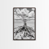 Half Underwater Tree, Split View Nature, Aquatic Roots, Stormy Skies, Framed Canvas Print, Coastal Wall Art, Unique Nature Photography