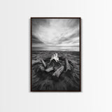 Coastal campfire glow, serene seaside bonfire, sunset flames, sandy warmth, Framed Canvas Print, Fall decor, cozy cabin wall art