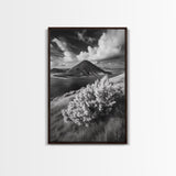 Majestic Volcano, Wild Grass, Black and White, Framed Canvas Print, Nature Photography, Office Decor, Moody Art, Rustic Wall Art