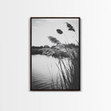 Reed Grass, Gentle Breeze, Black and White Nature, Canvas Print, Minimalist Wall Art, Tranquil Lake Scene, Bedroom Decor