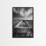 Stone Water Trough, Wild Horizon, Rustic Scene, Framed Canvas Print, Country Farm Decor, Outdoor Living Art, Neutral Wall Accent