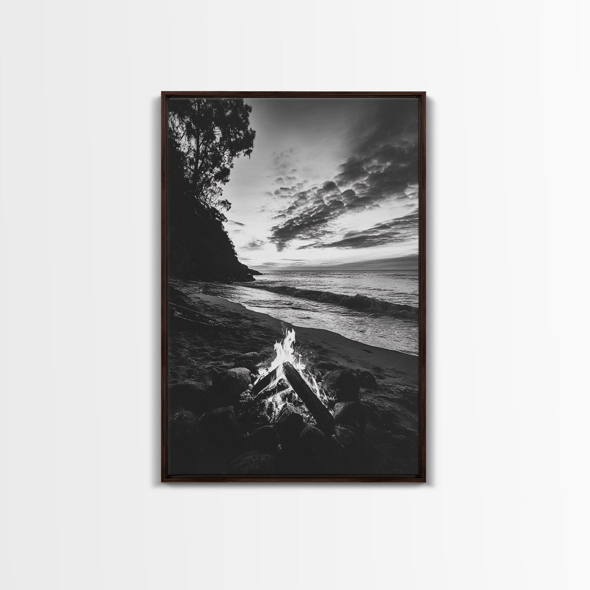 Shoreline fire night, beach flames, evening waves, rustic warmth, Canvas Print, Autumn decor, outdoor adventure minimalist wall art