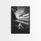 Shoreline fire night, beach flames, evening waves, rustic warmth, Canvas Print, Autumn decor, outdoor adventure minimalist wall art