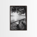 Peaceful Lake Bench, Tranquil Sunrise, Tree Shade View, Nature Serenity, Framed Canvas Print, Minimalist Art, Bedroom Wall Decor