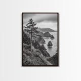Oregon Coastline View, Misty Cliffs, Evergreen Forest, Coastal Vibes, Framed Canvas Print, Rustic Cabin Art, Living Room Wall Decor