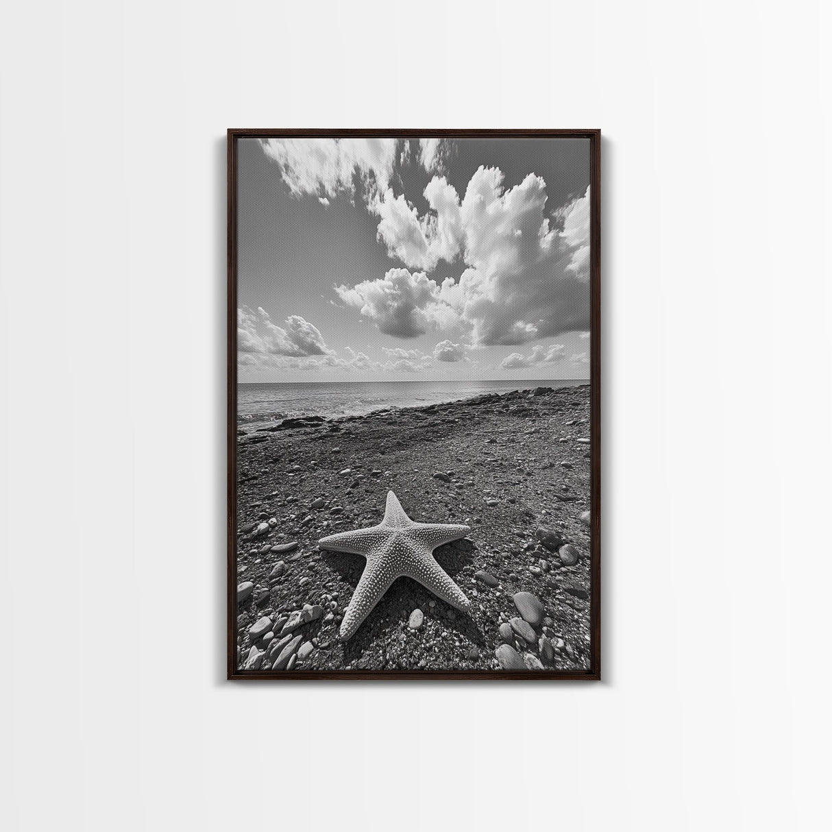 Starfish on Shore, Rocky Beach Scene, Cloudy Sky Horizon, Ocean Calm, Framed Canvas Print, Coastal Art, Bathroom Wall Decor