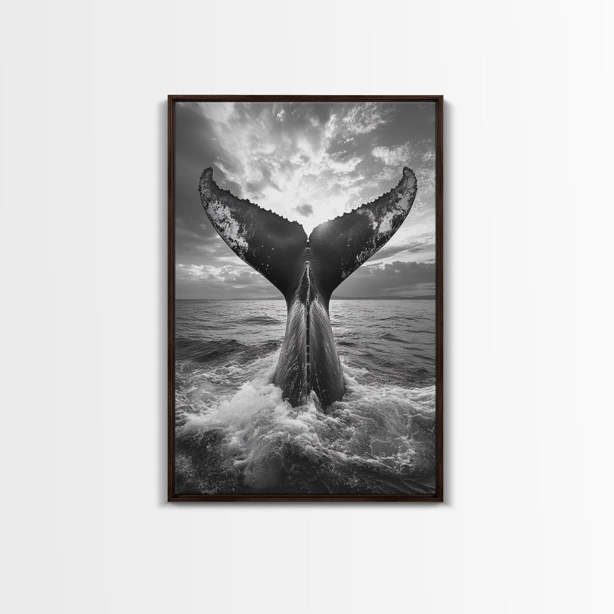 Whale Tail Splash, Ocean Sunset, Marine Majesty, Powerful Moment, Framed Canvas Print, Nautical Art, Coastal Living Room Decor