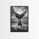 Whale Tail Splash, Ocean Sunset, Marine Majesty, Powerful Moment, Framed Canvas Print, Nautical Art, Coastal Living Room Decor