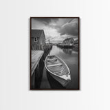 Docked Rowboat Scene, Calm Harbor, Coastal Village, Still Waters, Framed Canvas Print, Seaside Art, Beach House Wall Decor