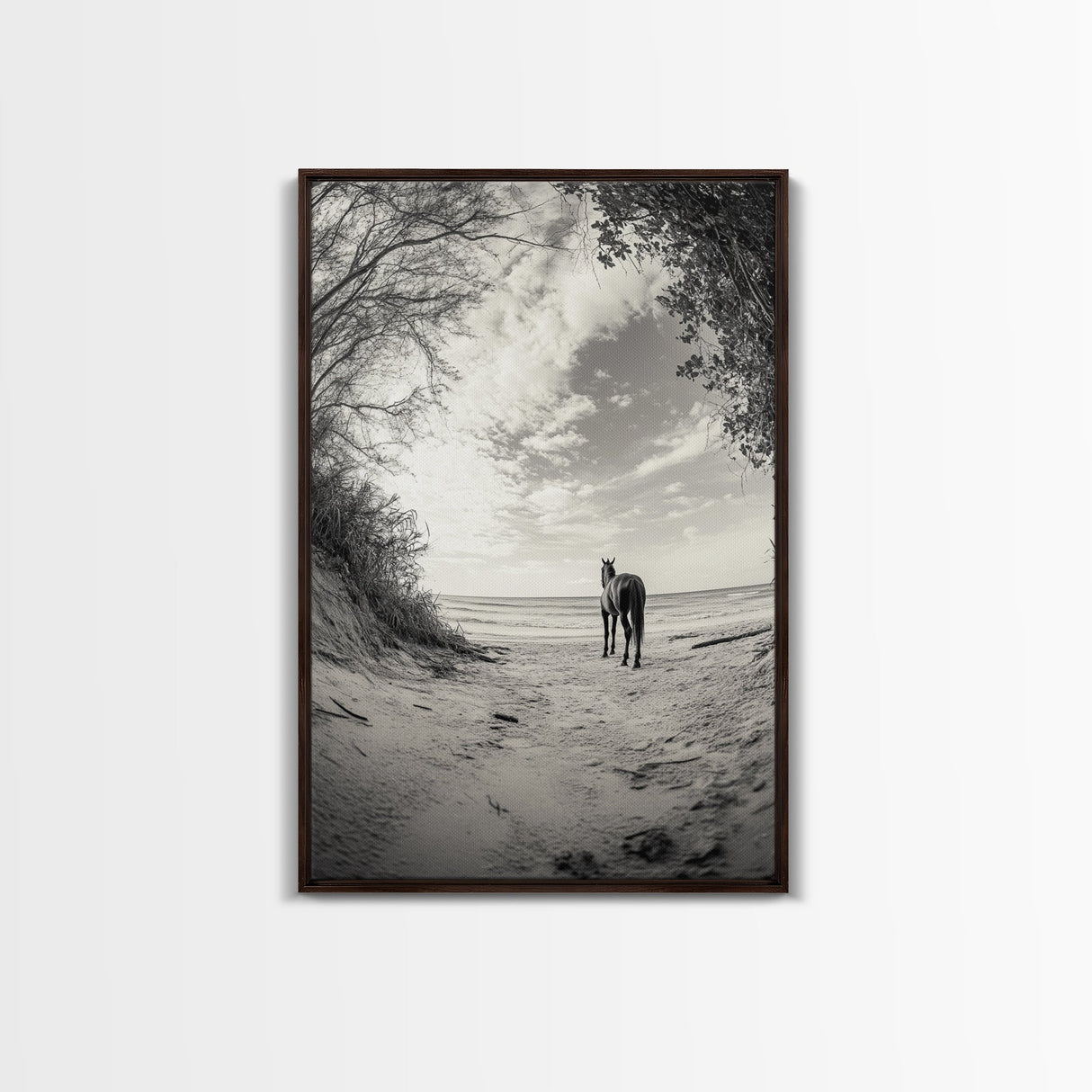 Horse on Shore, Ocean Path Scene, Wild Beauty, Serene Escape, Framed Canvas Print, Boho Wall Art, Bedroom or Entryway Decor