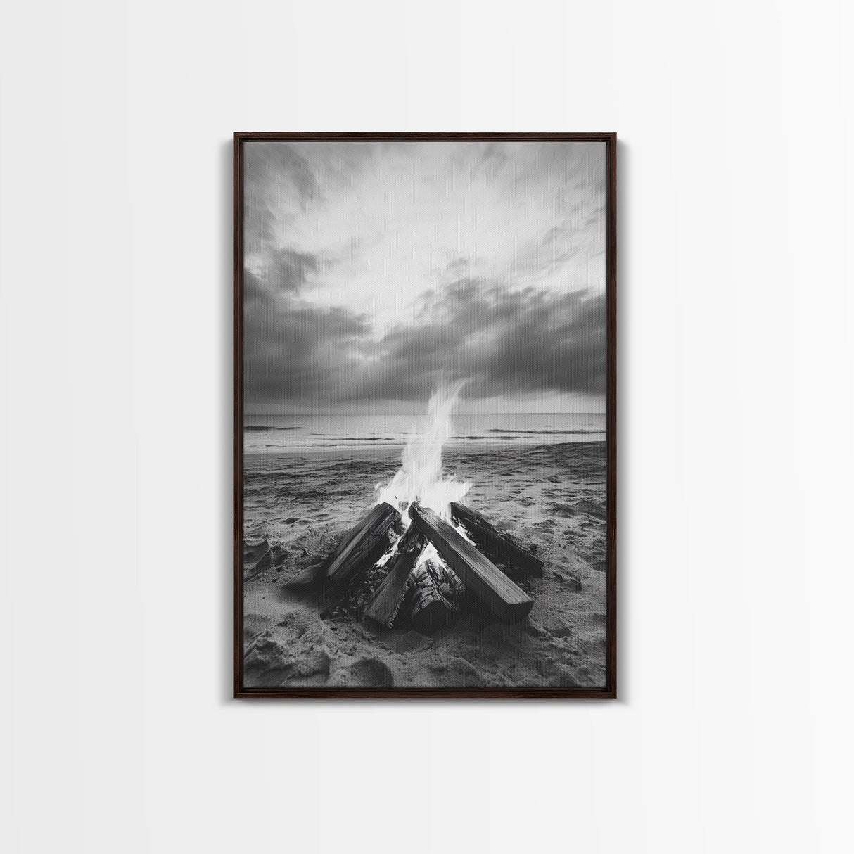 Beach bonfire moment, soft flame serenity, ocean dusk, coastal camp vibes, Framed Canvas Print, Fall decor, hygge inspired wall decor