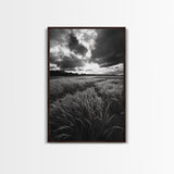 Golden Grass Field, Dramatic Sunset, Autumn Skies, Nature Movement, Framed Canvas Print, Fall Landscape Art, Living Room Decor