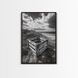 Weathered Crate, Ocean Dunes, Coastal Photography, Canvas Print, Beach House Wall Art, Minimalist Rustic Decor, Bathroom Wall Art