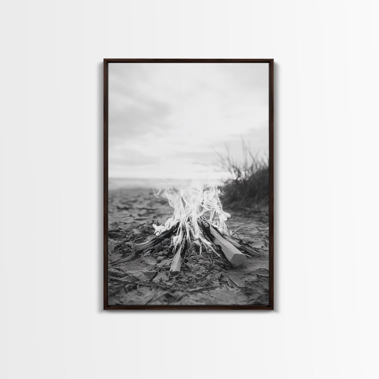 Campfire, Beach, Smoke, Glow - Cozy outdoor scene with flickering flame, Canvas Print, perfect rustic cabin or camping decor, Autumn Wall Art
