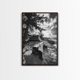 Tent, Beach, Sunset, Trees - Rustic camping coastal escape vibe, Framed Canvas Print, ideal bedroom or adventure nursery decor, outdoor art
