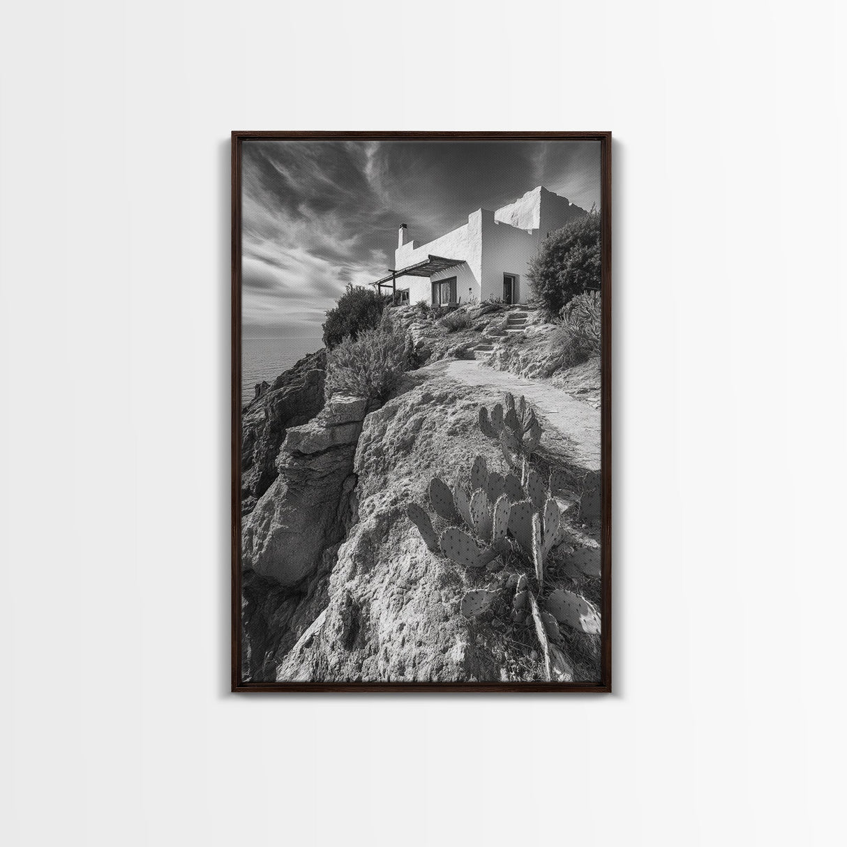 Cliffside Villa, Mediterranean Home, Desert Garden, Rustic Landscape Print, Framed Canvas Print, Modern Boho Living Room Art