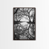 Misty Forest Trees, Reflection Photography, Nature Landscape, Canvas Print, Neutral Tones, Bedroom Wall Decor, Moody Autumn Forest Art